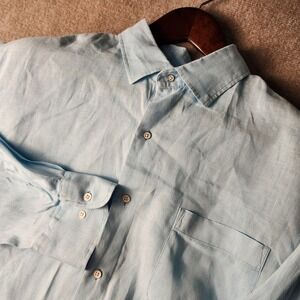 Light Blue 100% Linen Button Down Shirt Men's Casual Long Sleeve Pocket